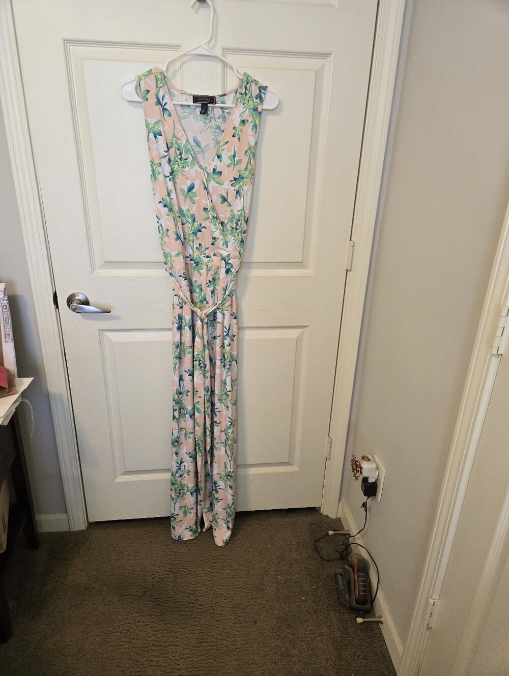 Christian Siriano Light Pink Floral Maxi Dress with Green Leaves